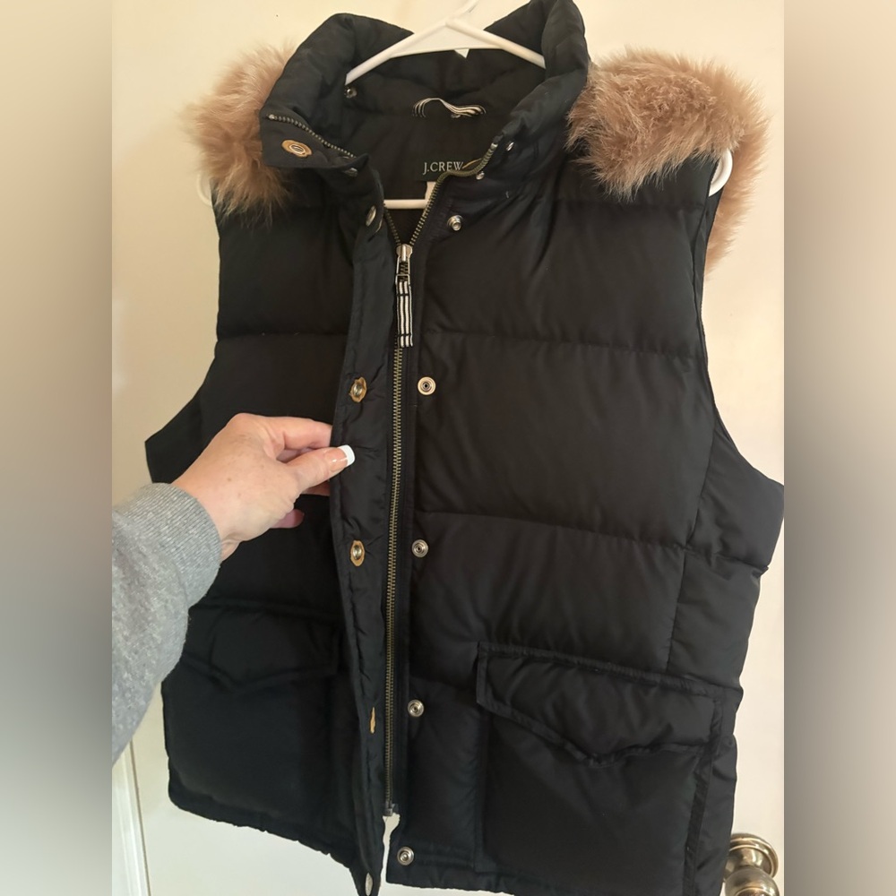 J. Crew Black Puffer Vest with Tan Faux Fur Trim - Picture 2 of 12